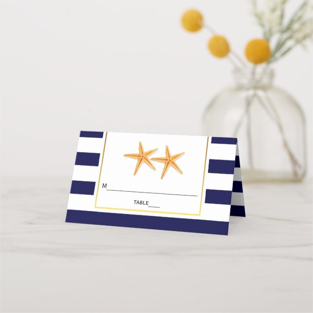 Starfish & stripes navy blue wedding folded escort place card (Front)