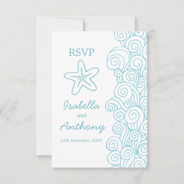 Starfish & swirls blue & white art wedding RSVP Card (Front)