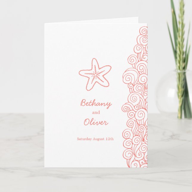 Starfish swirls coral orange and white wedding program (Front)