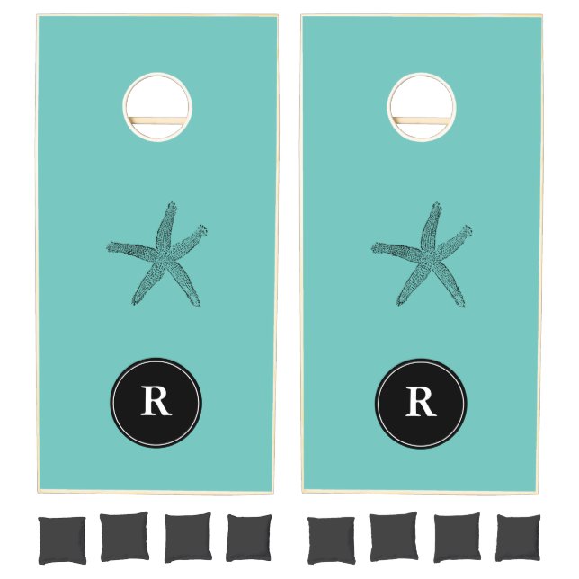Starfish Teal Blue Beach Monogram Initial Trendy Cornhole Set (Set)