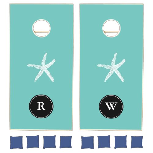 Starfish Teal Blue Beach Monogram Initials Family Cornhole Set