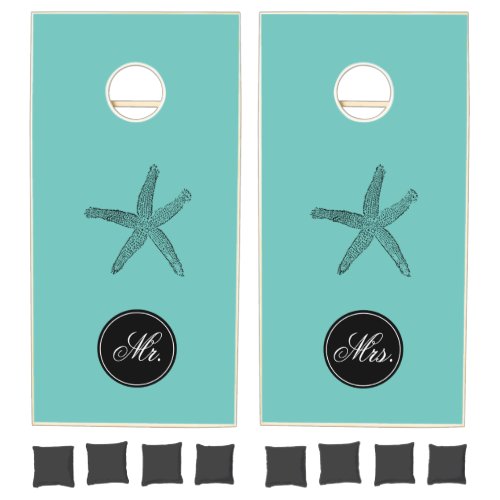 Starfish Teal Blue Beach Wedding  Mr  Mrs Modern Cornhole Set