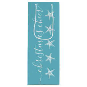 Starfish Teal Blue Coastal Christmas Cheer Wine Gift Bag