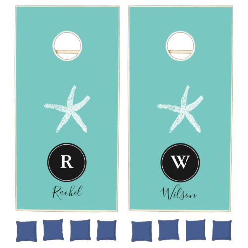 Starfish Teal Blue Cute Monogram Initials Family Cornhole Set