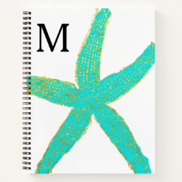 Starfish Teal Blue Gold Foil Monogrammed Initials Notebook