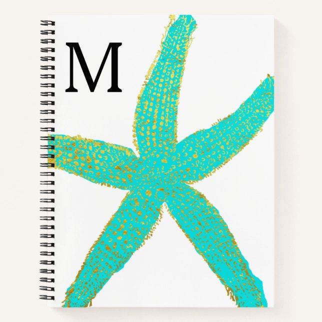 Starfish Teal Blue Gold Foil Monogrammed Initials Notebook (Front)