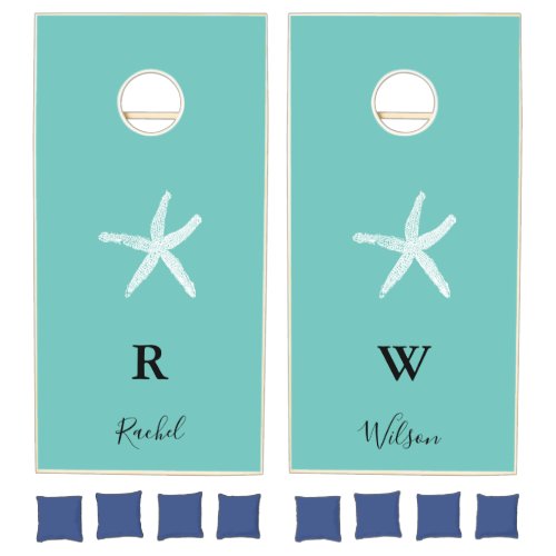 Starfish Teal Blue Monogram Initials Family Couple Cornhole Set