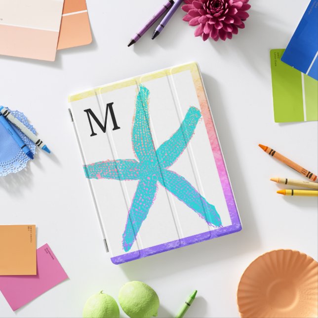Starfish Teal Blue Pink Monogrammed Initials Cool iPad Smart Cover (In Situ)