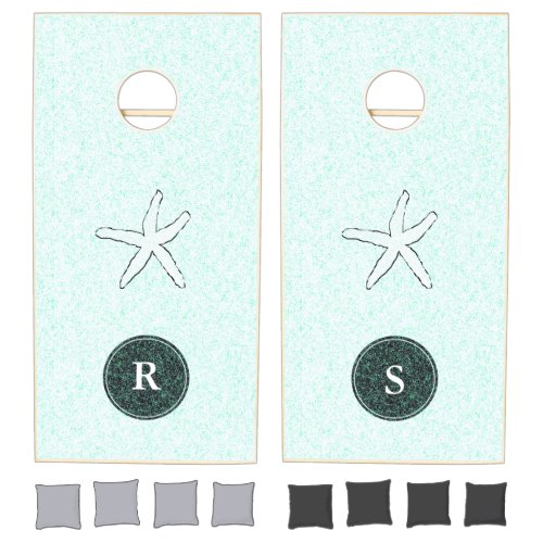 Starfish Teal Blue White Beach Monogram Initials Cornhole Set