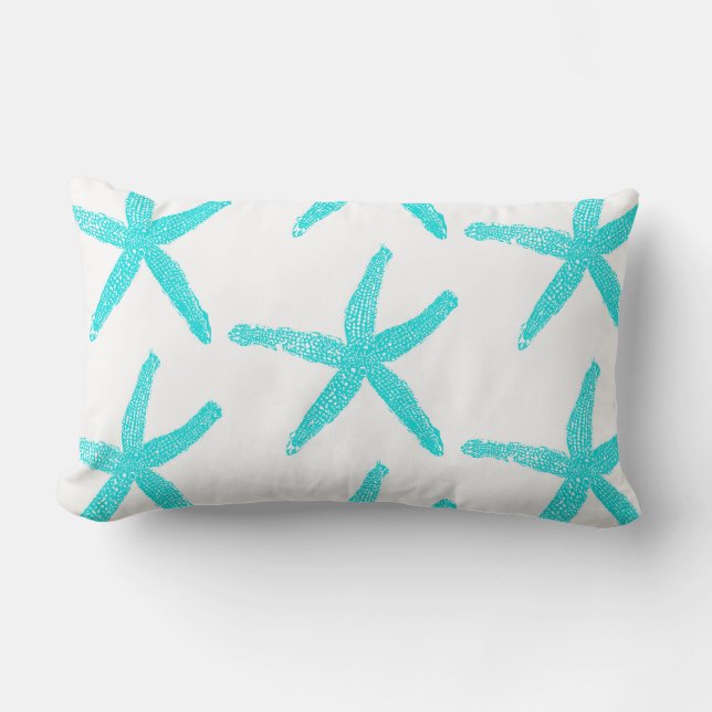 Starfish Teal Blue White Cute Patterns Cotton Lumbar Pillow (Front)