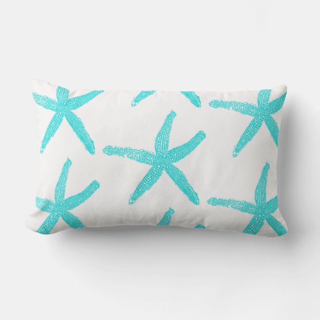 Starfish Teal Blue White Cute Patterns Cotton Lumbar Pillow (Front)