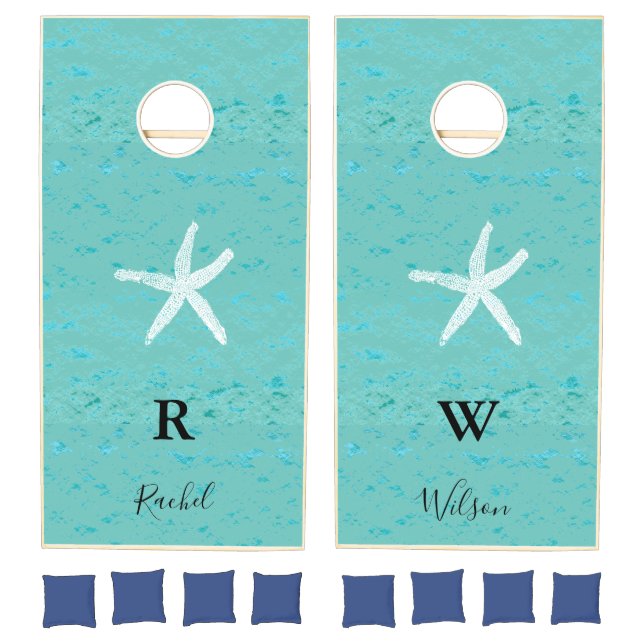 Starfish Teal Monogram Family Glittery Glitter Cornhole Set (Set)