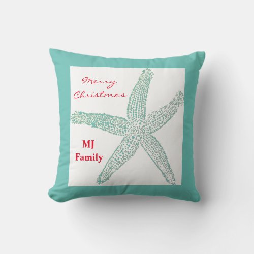 Starfish Teal Monogram Family Initials Christmas Throw Pillow