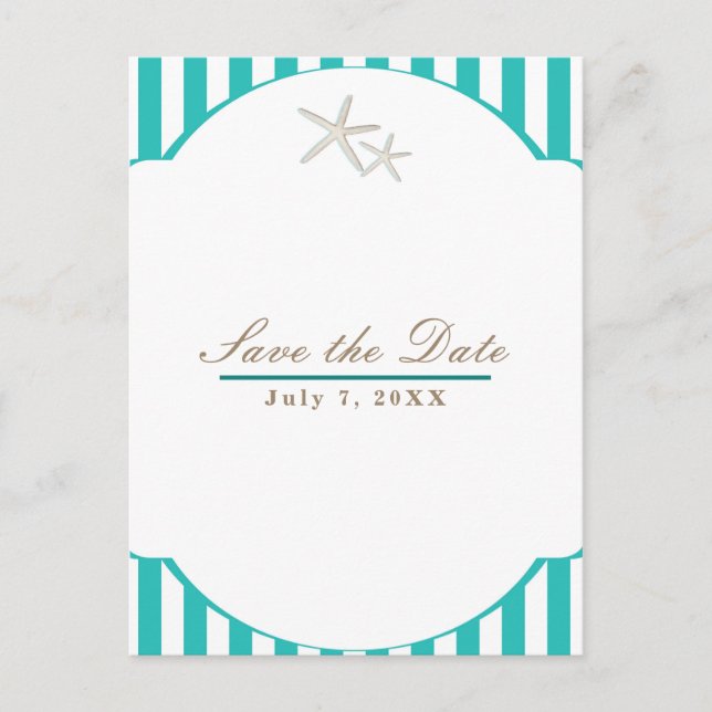 Starfish Teal Striped Beach Elegant Save the Date Announcement Postcard (Front)