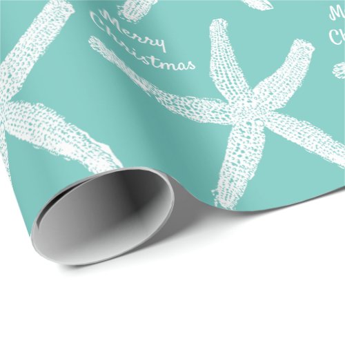 Starfish Teal White Beach Merry Christmas 2023 Wrapping Paper