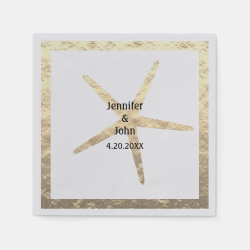 Starfish Tropical Gold Couple Name Wedding Silver Napkins