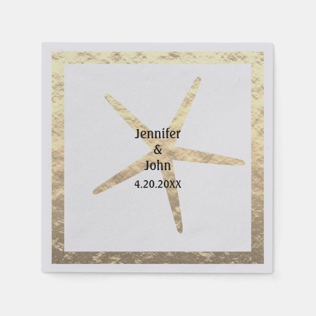 Starfish Tropical Gold Couple Name Wedding Silver Napkins (Front)