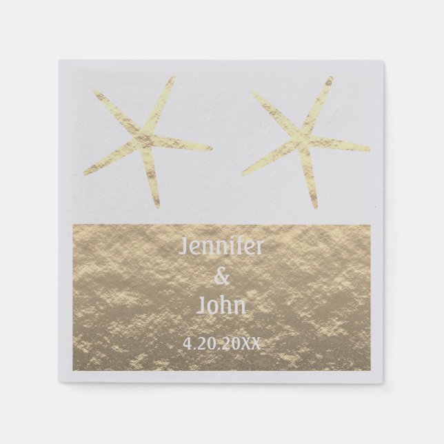 Starfish Tropical Gold Silver White Custom Wedding Napkins (Front)