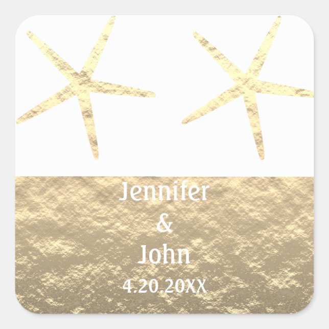 Starfish Tropical Gold Silver White Custom Wedding Square Sticker (Front)