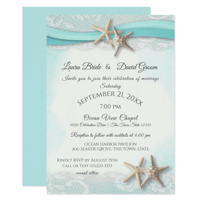 Starfish Tropical Vintage Beach Turquoise Wedding Invitation
