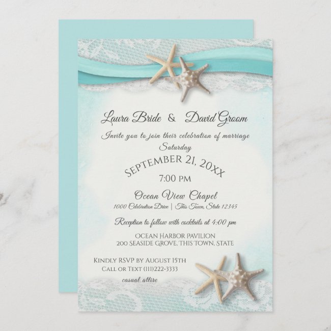 Starfish Tropical Vintage Beach Turquoise Wedding Invitation