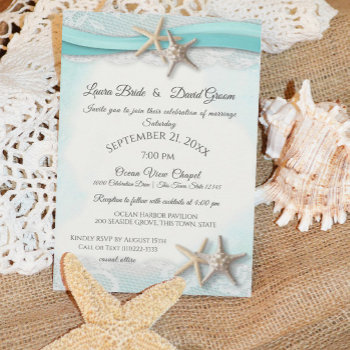 Starfish Tropical Vintage Beach Turquoise Wedding Invitation by happygotimes at Zazzle