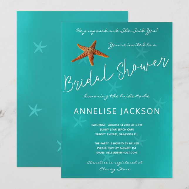 Starfish under the sea ocean blue bridal shower invitation (Front/Back)