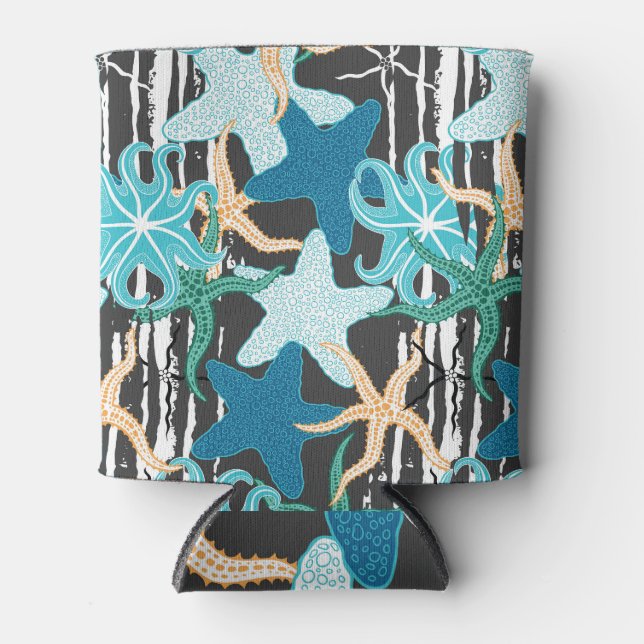 Starfish Vintage: Dark Striped Background. Can Cooler (Front)