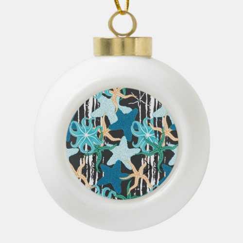 Starfish Vintage Dark Striped Background Ceramic Ball Christmas Ornament