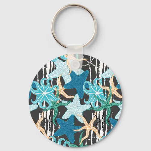 Starfish Vintage Dark Striped Background Keychain