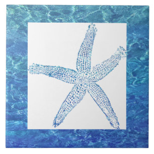 Starfish Water Coastal Beach Bue White Gift Decor Ceramic Tile