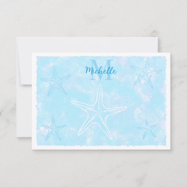 Starfish Watercolor Custom Monogram Pastel Blue  Note Card (Front)