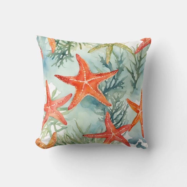 Starfish Watercolor Ocean Coastal Throw Pillow (Front)