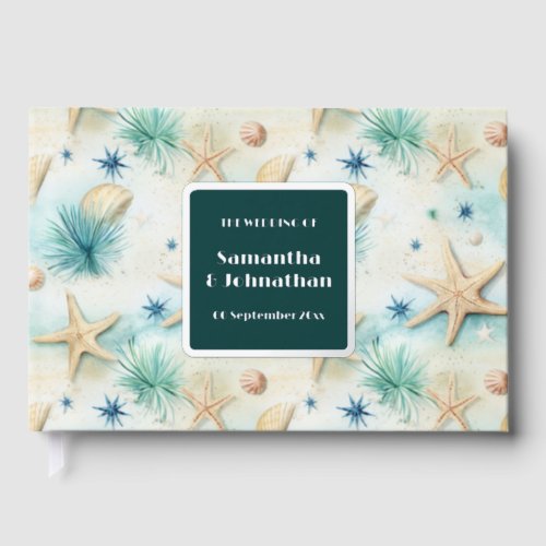 Starfish watercolor pastel peach teal wedding foil foil guest book 