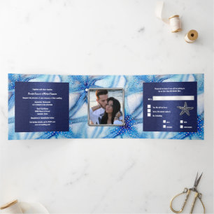 Starfish watercolor pattern couples beach photo Tri-Fold invitation
