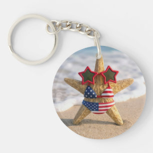 Starfish Wearing Flag Bikini and Star Sunglasses Keychain
