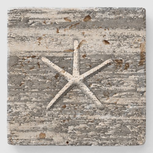 Starfish Weathered Driftwood Rustic Nautical Stone Coaster