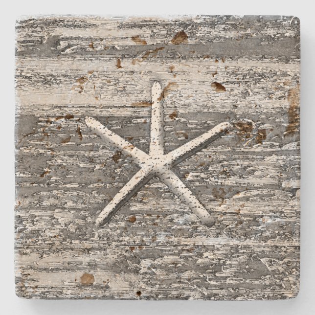 Starfish Weathered Driftwood Rustic Nautical Stone Coaster (Front)