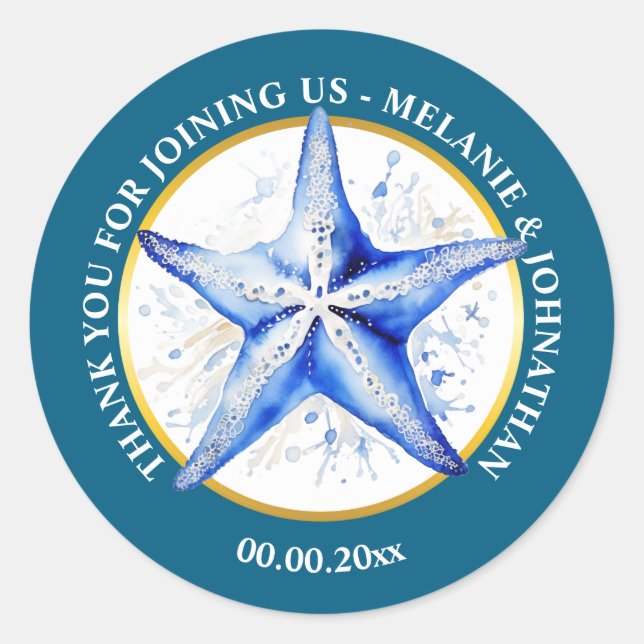Starfish wedding blue white beach theme round classic round sticker (Front)