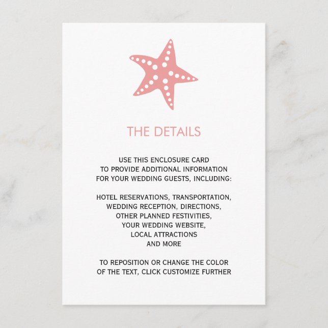 Starfish Wedding Invitation Enclosure Card, Pink (Front)