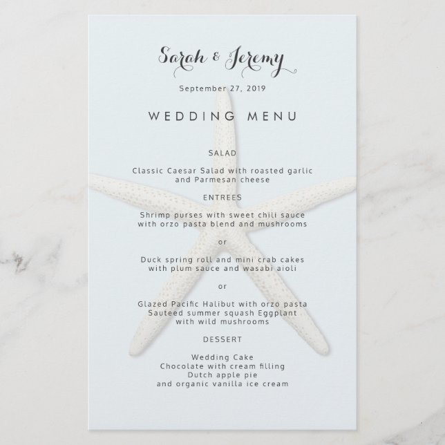 Starfish Wedding Menu Pale Blue Template (Front)