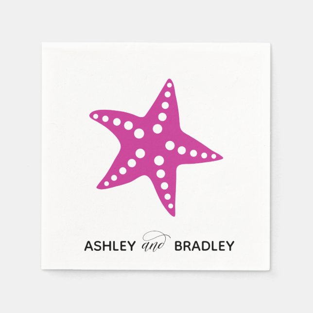Starfish Wedding Napkins, Beach, Fuchsia Pink Napkins (Front)