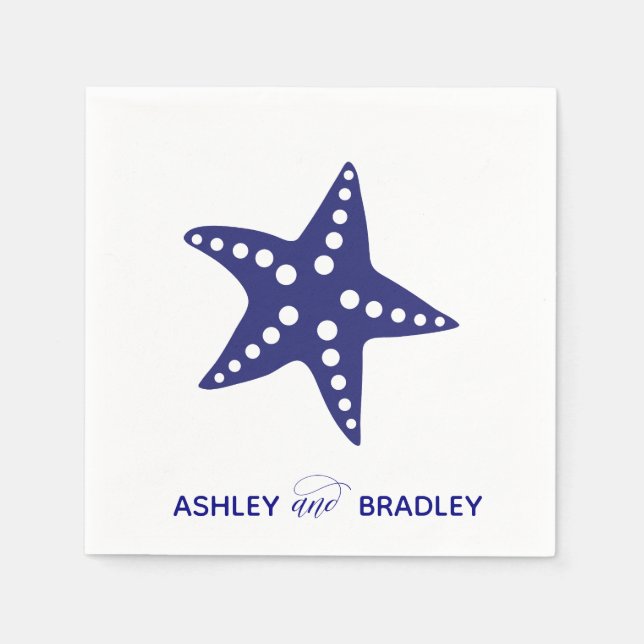 Starfish Wedding Napkins, Beach, Navy Blue Napkins (Front)