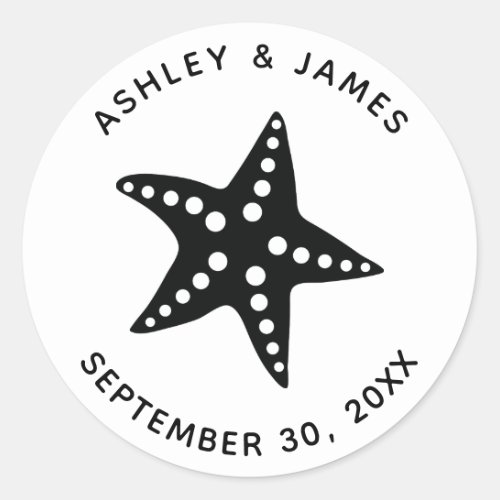 Starfish Wedding Stickers Beach Theme Tag Black Classic Round Sticker