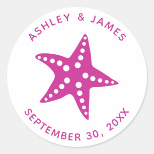 Starfish Wedding Stickers, Beach Theme Tag, Pink Classic Round Sticker