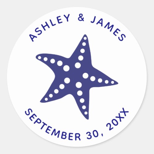 Starfish Wedding Stickers Navy Blue Beach Theme Classic Round Sticker