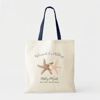 Starfish Wedding Welcome Coral Brown Guest Favor Tote Bag by sandpiperWedding at Zazzle