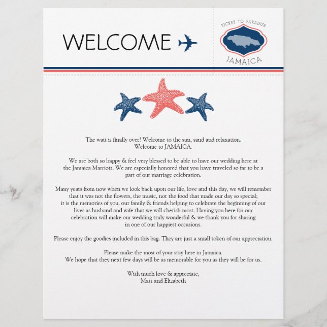 Starfish Wedding Welcome Letter for Jamaica (Front)