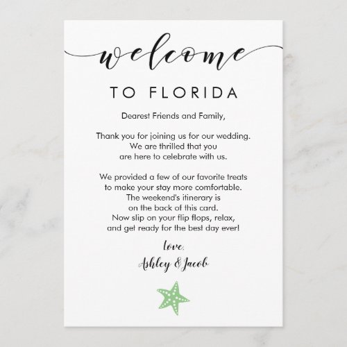 Starfish Wedding Welcome Letter  Itinerary Card