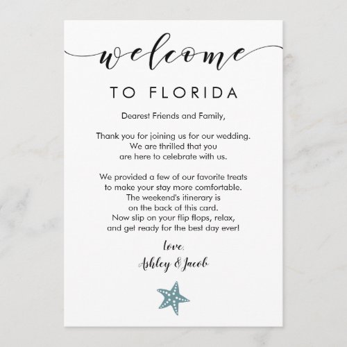 Starfish Wedding Welcome Letter  Itinerary Card